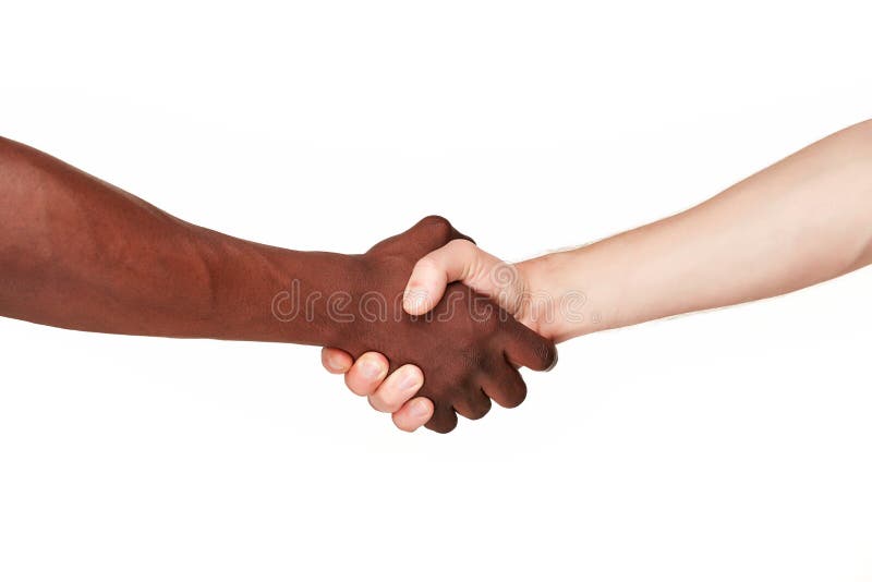 Black and white human hands in a modern handshake to show each other friendship and respect - Arm wrestling against racism. isolated on white background