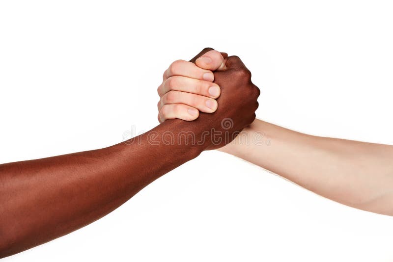 Black and white human hands in a modern handshake to show each other friendship and respect - Arm wrestling against racism. isolated on white background