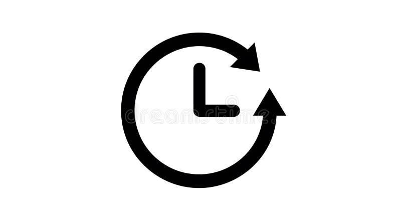 Black and white icon depicting a clock inside a circular arrow. The arrow suggest royalty free illustration