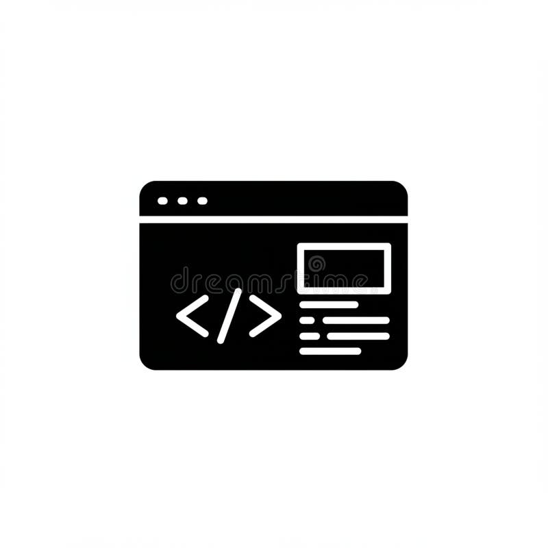 Black and white icon depicting a web browser window. The window features three small circles at the top left, representing control buttons. Inside the window, there is a coding symbol "< >" indicating HTML or code content. Adjacent to the code symbol is a rectangular shape signifying an image or multimedia content. Below the rectangle, there are lines representing text or additional content, suggesting a simplistic layout of a webpage. The icon is set against a plain white background.
