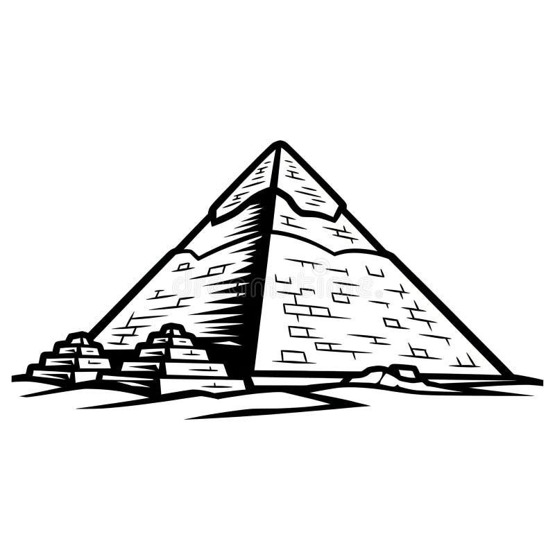 Black and White Illustration of Ancient Pyramid Structure with Surrounding Ruins royalty free illustration