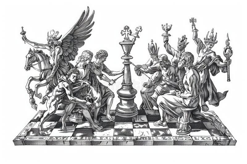 Black and white illustration of a chess game in progress stock image