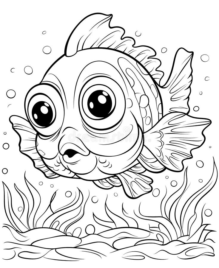 Black and White Illustration for Coloring Animals, Fish Stock