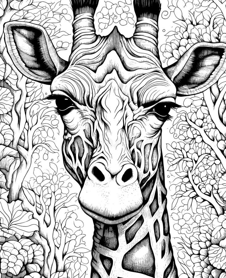 Black and White Illustration for Coloring Animals,giraffe. Stock