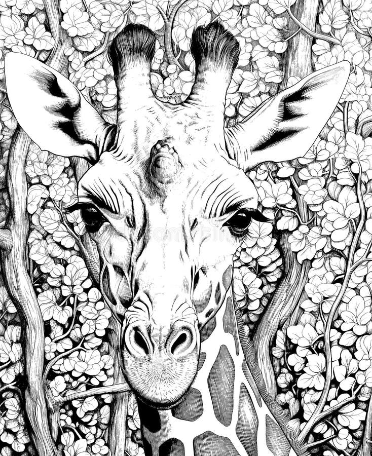 Black and White Illustration for Coloring Animals,giraffe. Stock