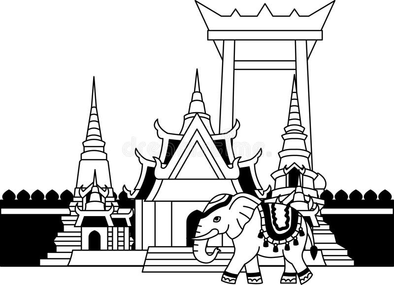 Black and white Illustration of an elephant walking in front of the thai temple vector illustration