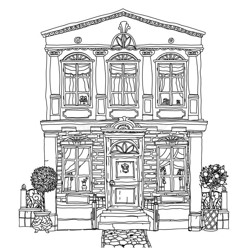 Contoured Black and white illustration of a house with details for adult coloring book or for zen art therapy anti stress drawing. Hand-drawn, vector,very detailed, for coloring, poster design. Contoured Black and white illustration of a house with details for adult coloring book or for zen art therapy anti stress drawing. Hand-drawn, vector,very detailed, for coloring, poster design.