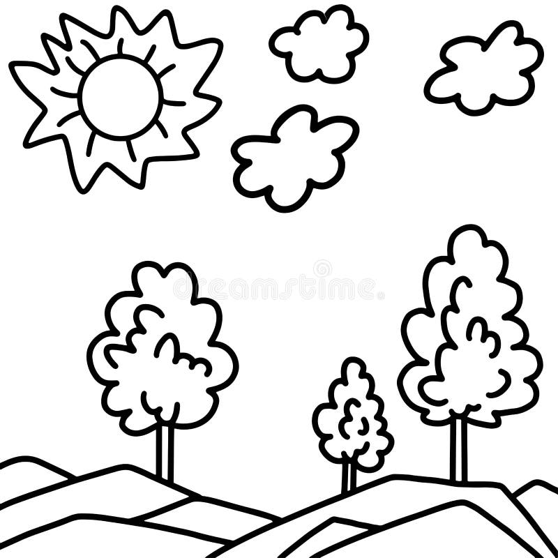 Black and White Vector Illustration of a Landscape with Trees, Sun and  Clouds. Stock Vector - Illustration of monochrome, trees: 194141634