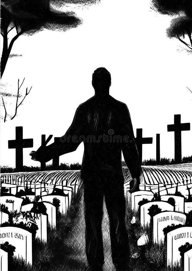 Black and White Illustration of a Man in Dead Land Stock Illustration ...