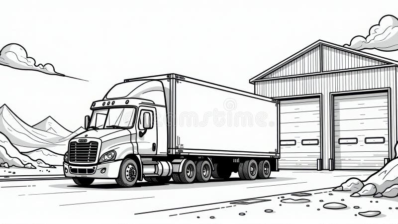 Black and White Illustration of Semi Truck at Warehouse royalty free illustration