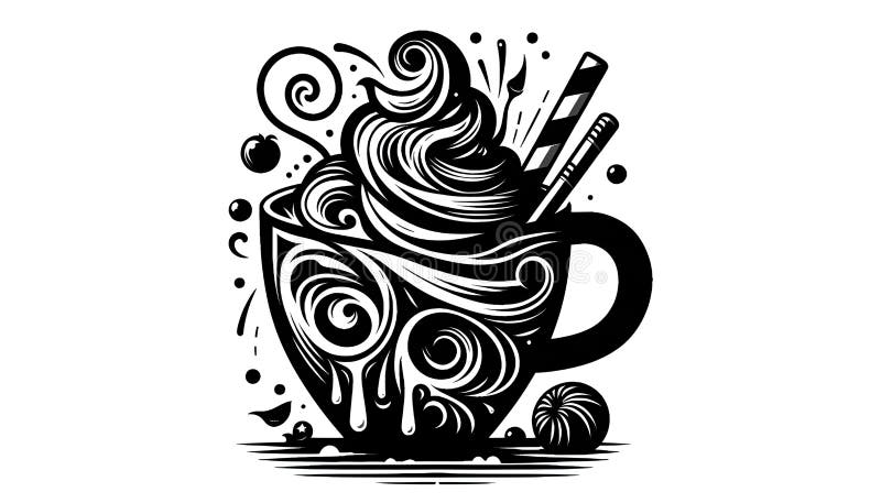 Black and white illustration of a stylized coffee cup overflowing royalty free illustration