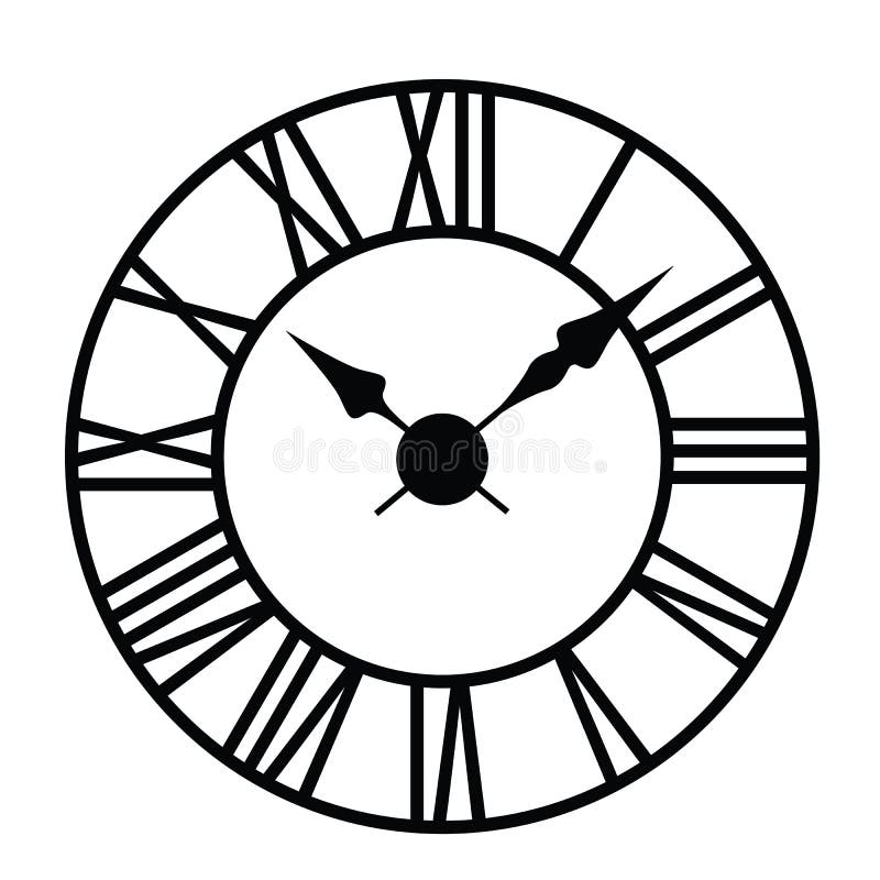 Black and white illustration of a wall clock face with Roman numerals, vector