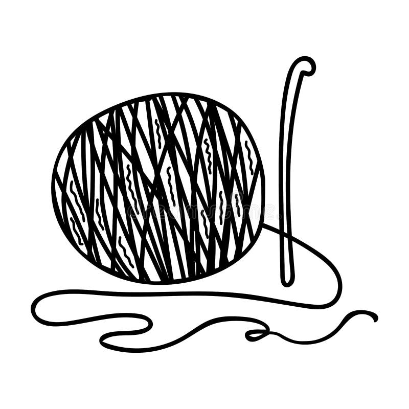 Black and White Illustration of a Yarn Ball and Crochet. Doodle Vector