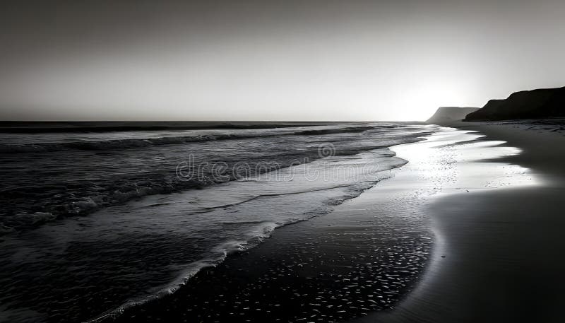 Black-and-white image of a deserted beach at dawn, with gentle waves and the interplay of light and shadow creating a peaceful vector illustration