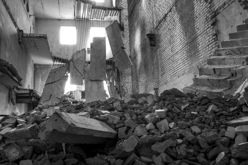 Destroyed Concrete Building Inside Pile Construction Debris Foreground Background Stock Photos
