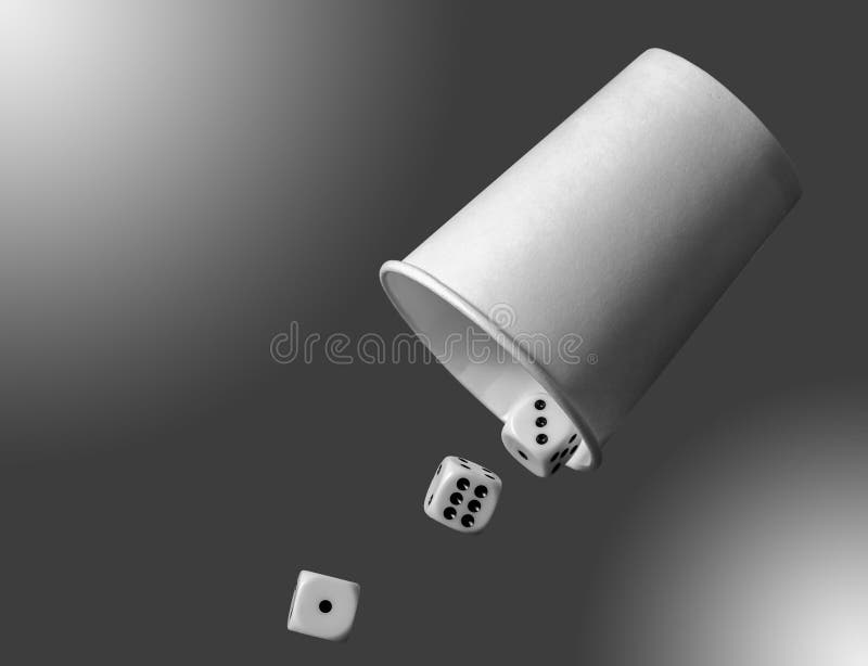 Black and white image of dices being dropped. stock photo