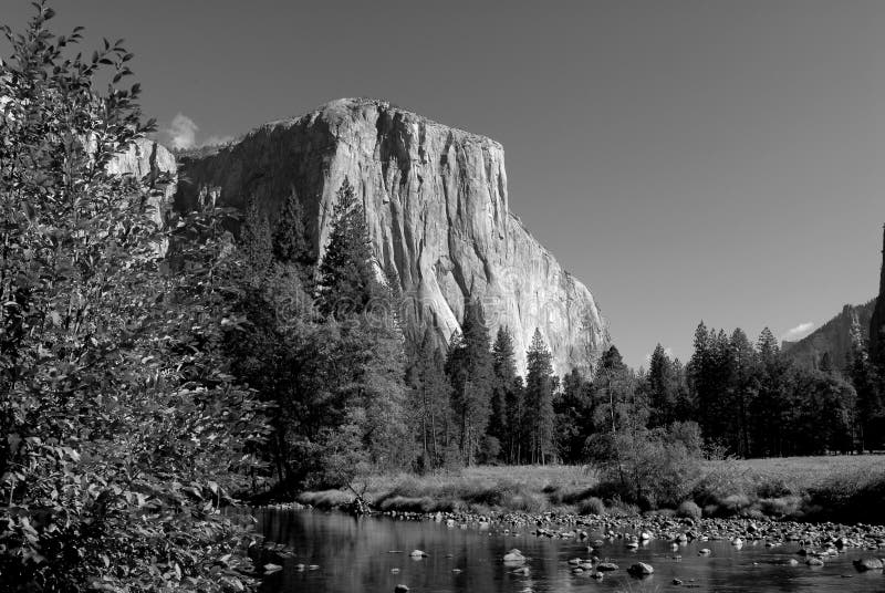 Black and white image of El Capitan and the Merced River