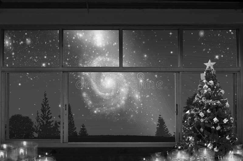 Black and white image of lonely Christmas celebration night stock photography