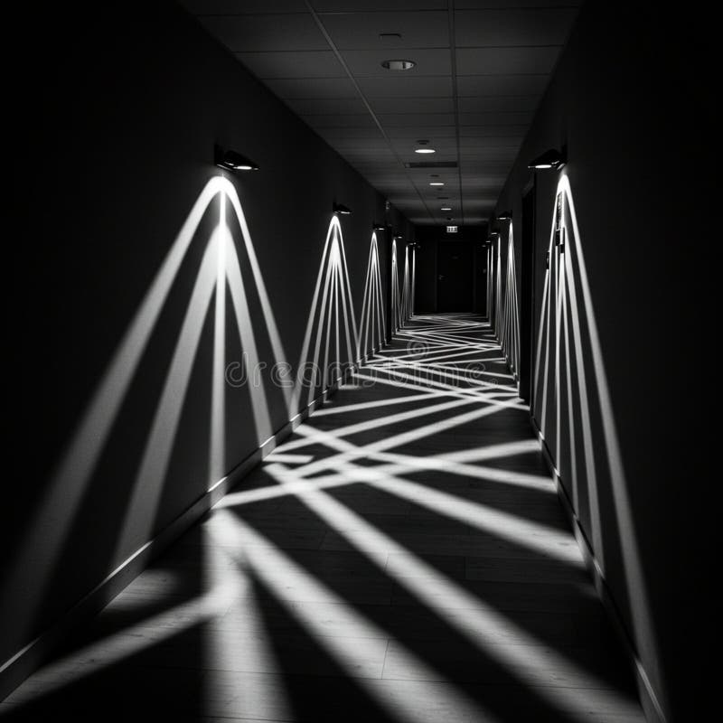 A black-and-white image of a long corridor featuring geometric light patterns on the royalty free illustration
