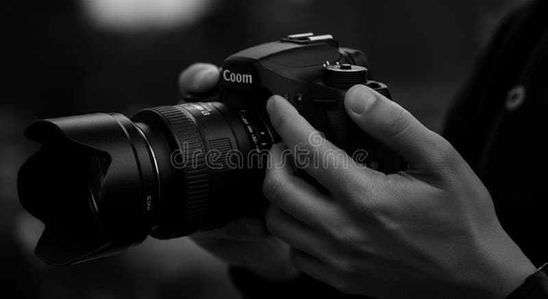 A black and white image shows a DSLR camera being held by a person. The camera vector illustration