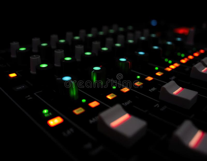 A black and white image of a sound board with many buttons and knobs royalty free illustration.