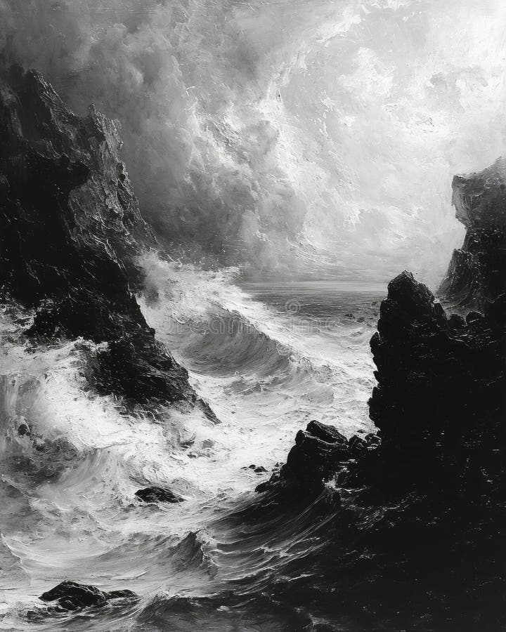 Black and White Image of a Stormy Ocean with Huge Waves. Stock Image ...