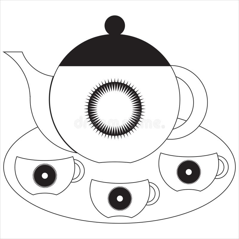 Black and White Isolated Teapot and Cups Icon. Vector Illustration on