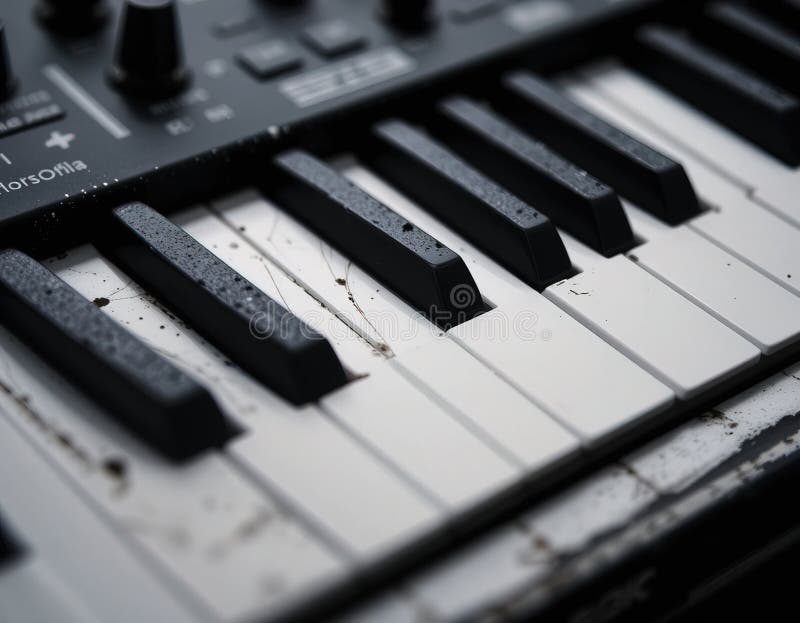 A black and white keyboard with a few keys missing and dirt stock illustration.