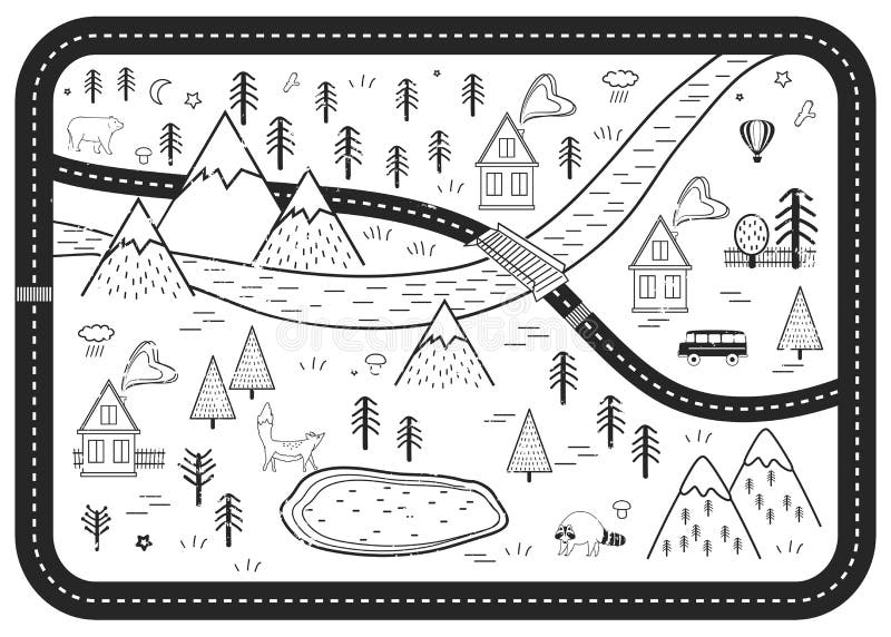 Black and White Kids Road Play Mat. Vector River, Mountains and Woods Adventure Map with Houses and Animals