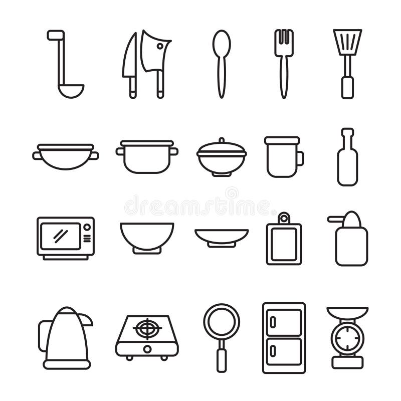 Black and White Kitchen Tools Icon Collection with Outline Stock Vector
