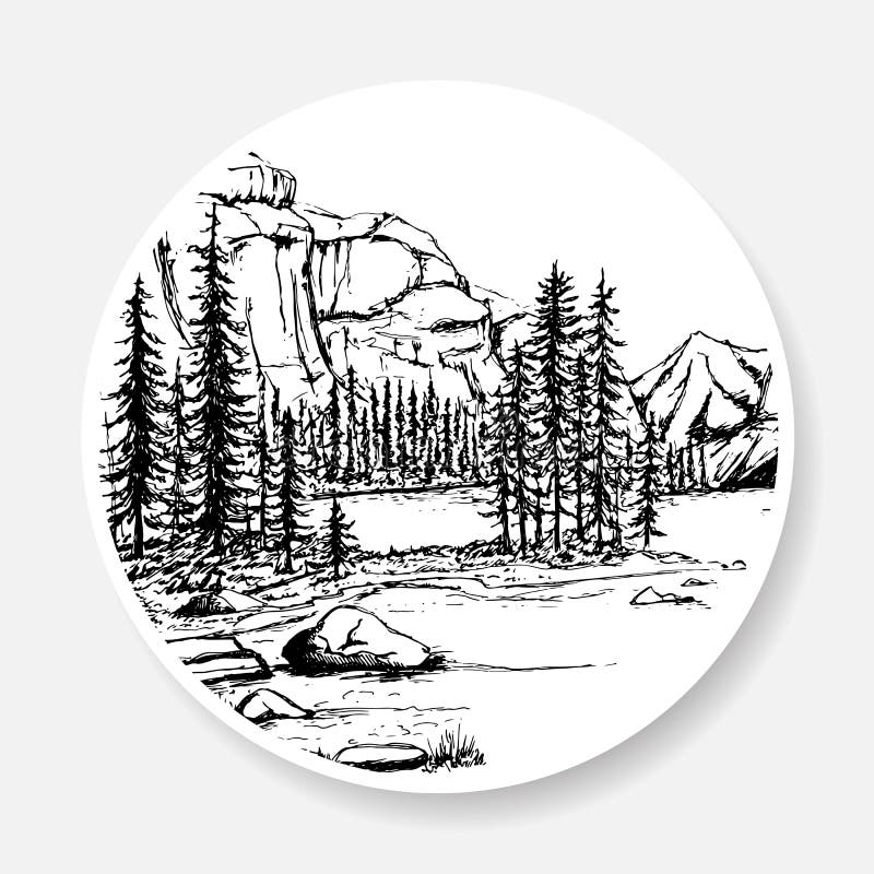 Black and white landscape in the form of a sketch on the sticker. The painted coast of the lake with rocks and forest.