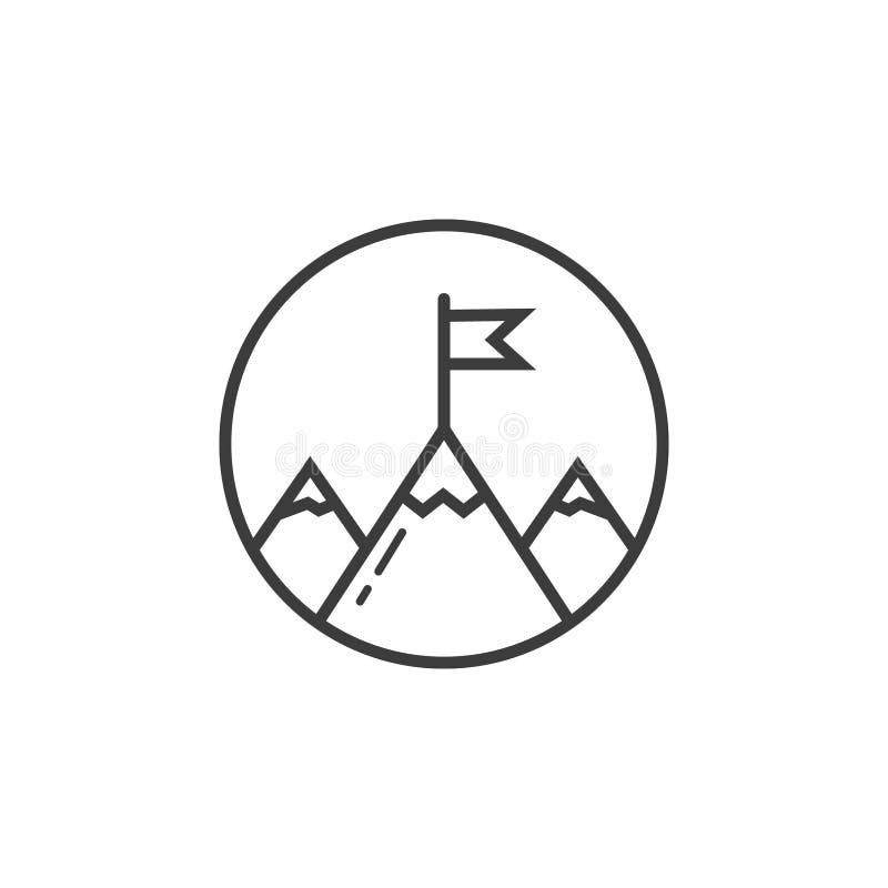 Line art icon of three mountains peeks with flag in the round frame royalty free illustration Line art icon of three mountains peeks with flag in the round frame royalty free illustration