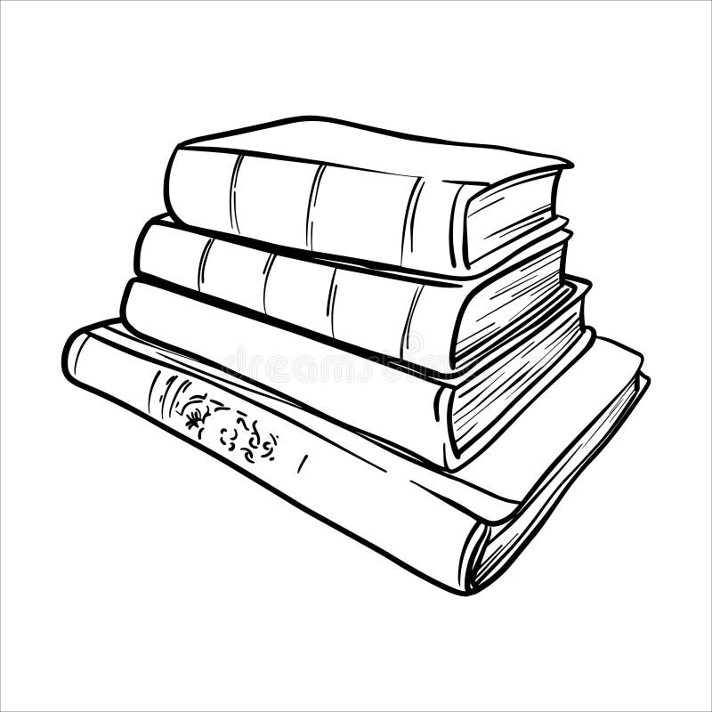 Black and white line drawing of a stack of four books. Hand drawn black and white vector illustration of books. Minimalistic stock illustration