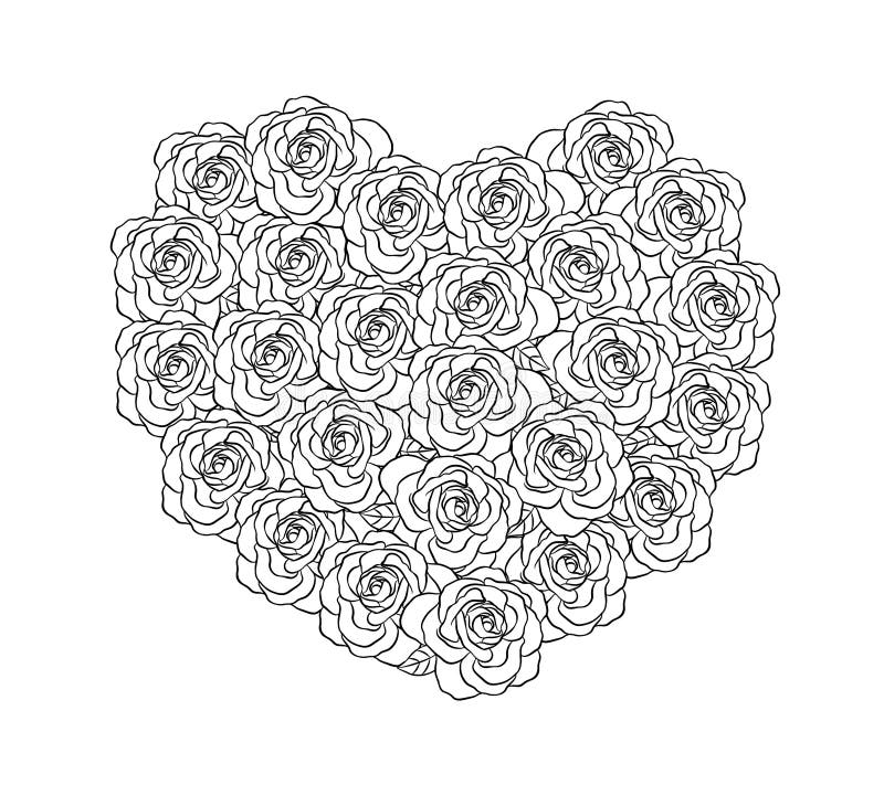 Black and White Linear Drawing of Heart with Roses. Stock Vector ...