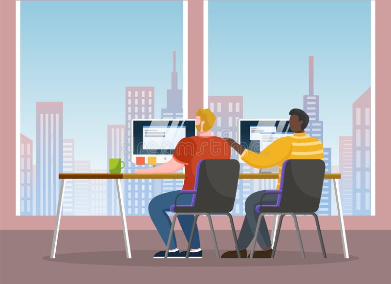 Black and white men working with computers sitting at table in stylish office with panoramic window stock illustration