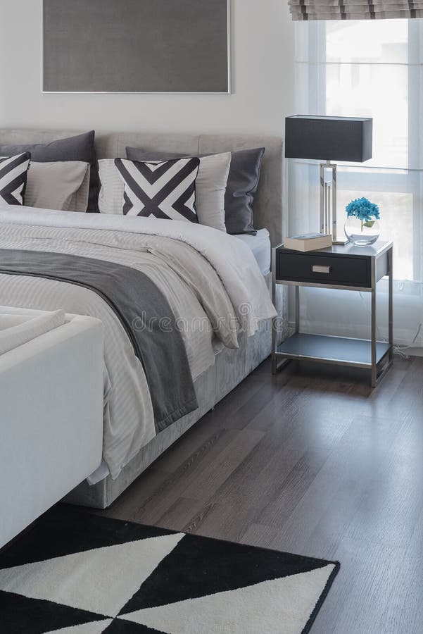 Black and White Modern Bedroom Style with Modern Bed Stock Image