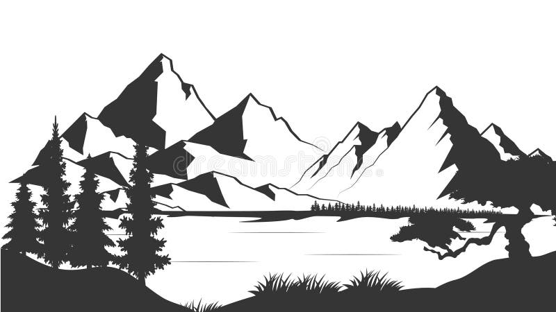 Mountain Lake Graphic Black White Landscape Sketch Illustration Vector ...