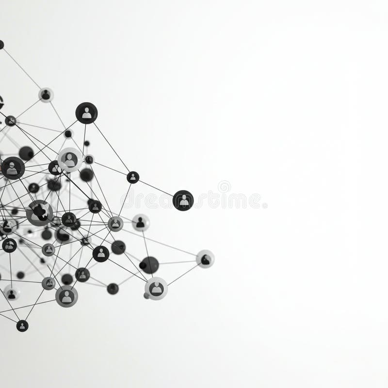Black and white network diagram featuring interconnected nodes with circular icons stock illustration