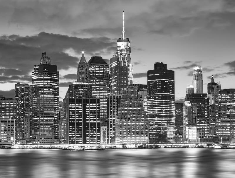 Black and white New York City skyline at night, USA