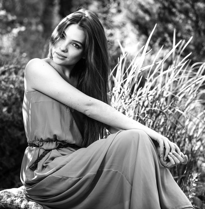 Black-white Outdoor Portrait of Beautiful Emotional Young Brunette ...