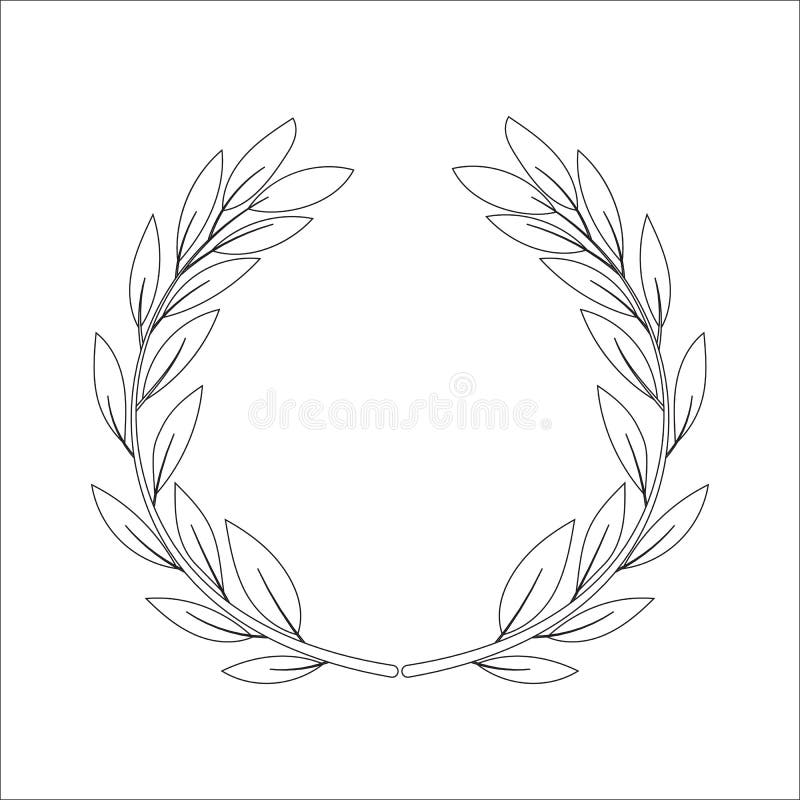 Black and White Outline Wreath with Olive Branches and Olives Isolated