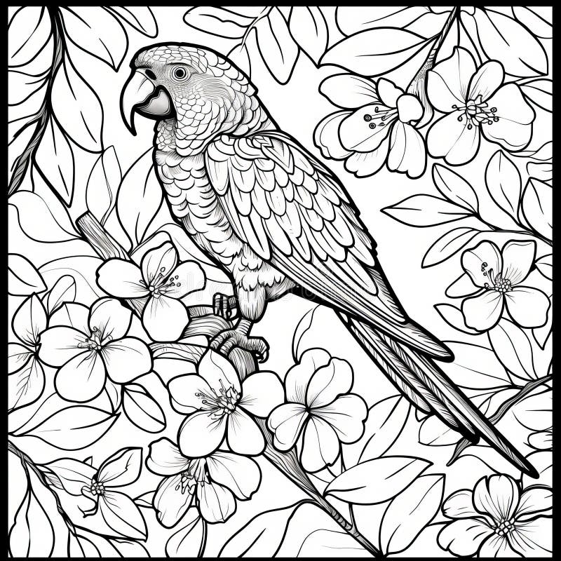 Black and White Parrot with Floral Elements, Clear Space for Text on