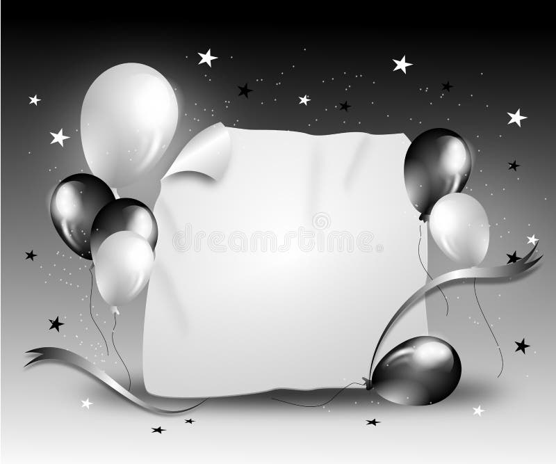 Party background with balloons and ribbon in black white colors. Party background with balloons and ribbon in black white colors