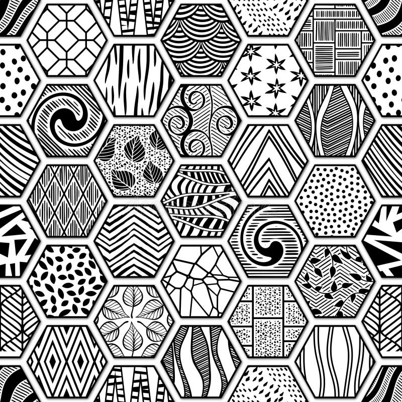 Black and White Patchwork Pattern on Hexagonal Tiles, 3d Illustration ...