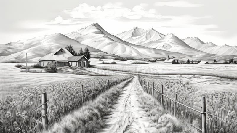 Simple wide landscape monochromatic pencil sketch outline on Craiyon-saigonsouth.com.vn