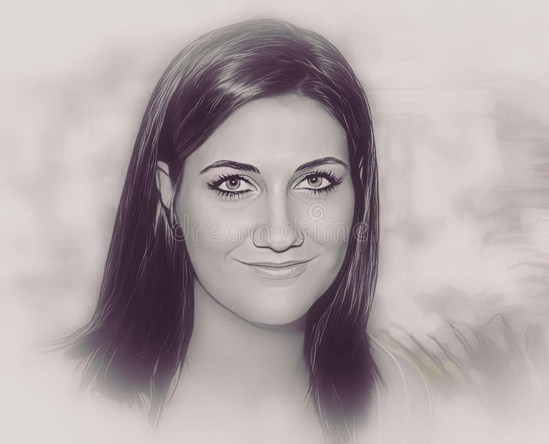 Black and White Pencil Portrait of Dreamy Beautiful Woman Stock