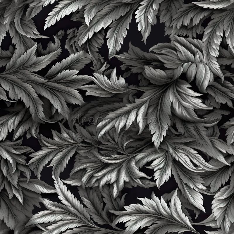 A black and white photo of a bunch of leaves, seamless pattern. Generative AI image. royalty free illustration