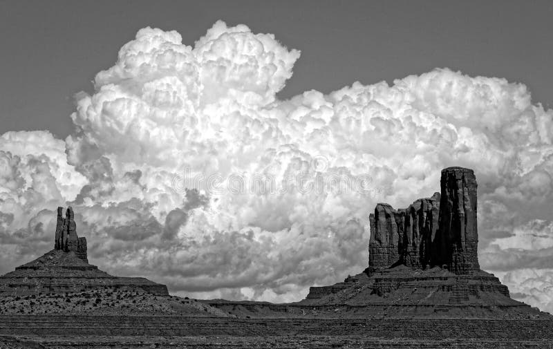 Monument Valley Navajo Tribal Park in Black and White, amazing cloudy sky