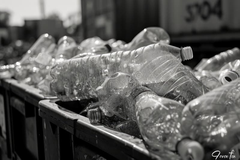 A black and white photo capturing the image of empty plastic bottles. Suitable for environmental awareness campaigns and royalty free stock image