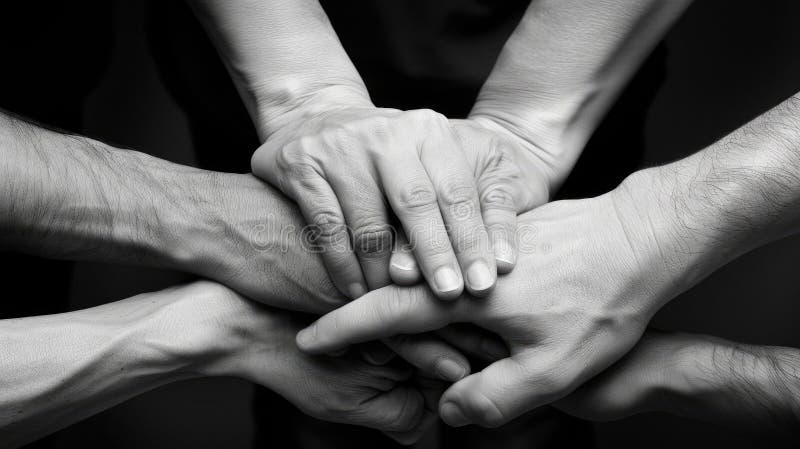 Black and white photo of a group of people holding hands AIG535 stock image